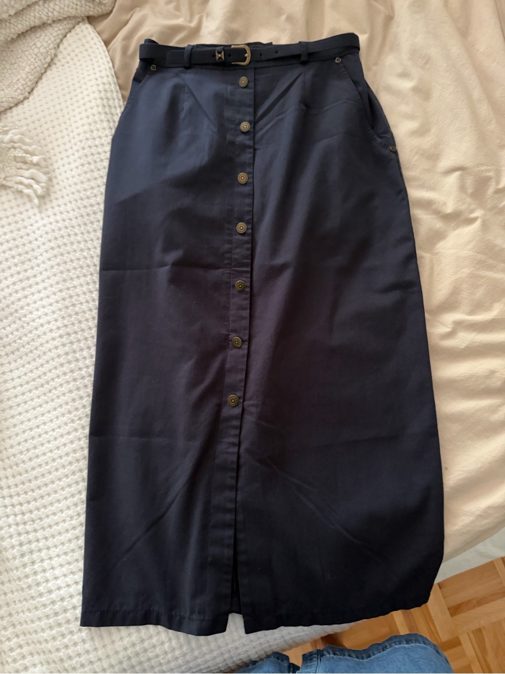 Button-Front Navy Midi Skirt with Matching Belt